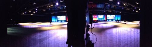 panoramic view of an empty hanger venue in nashville from behind the front of house camera position